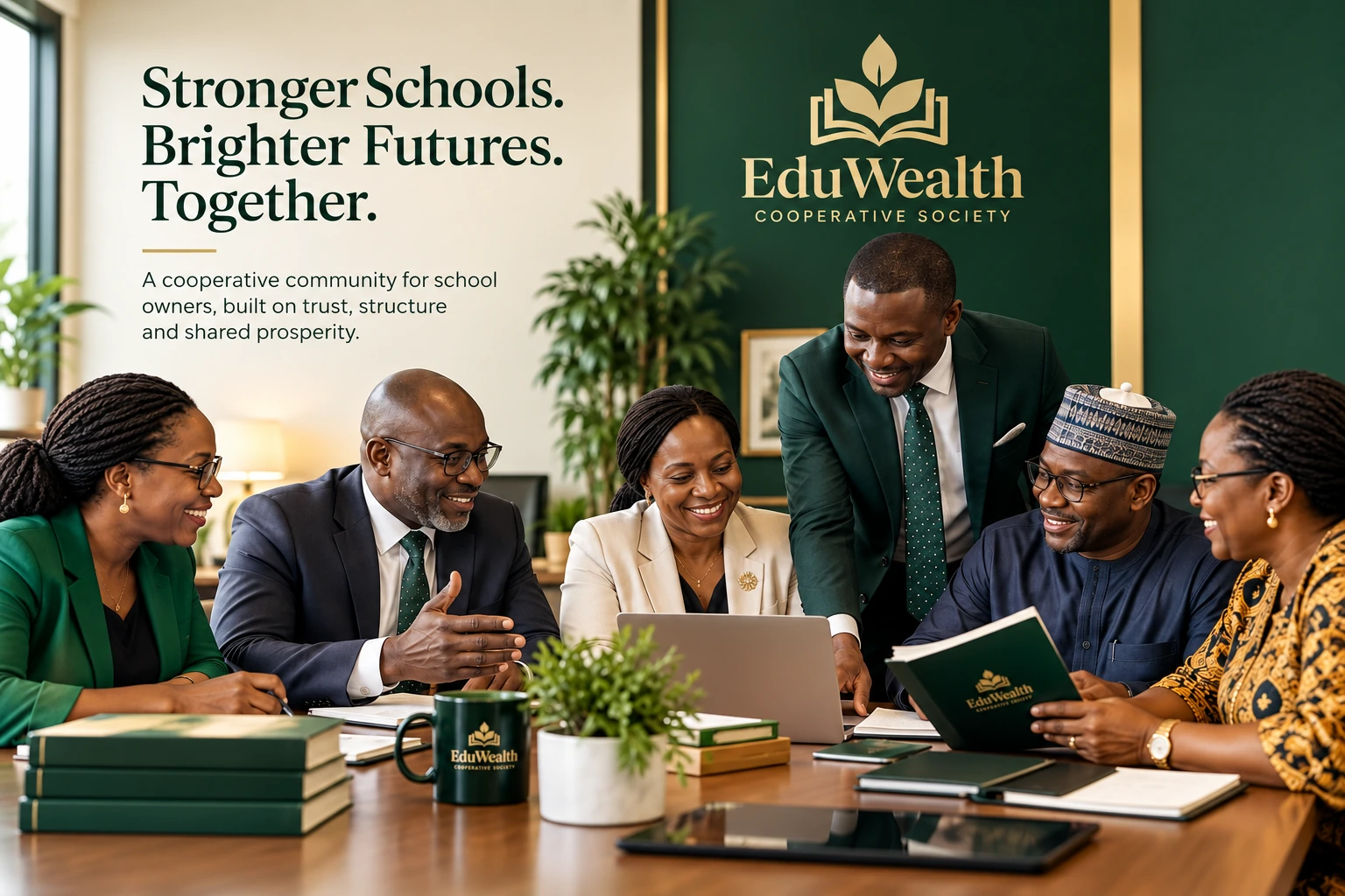 Nigerian education leaders collaborating in an EduWealth cooperative setting
